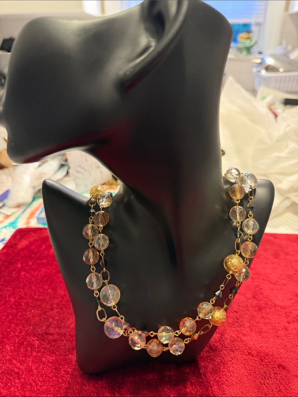 Vintage double or single Golden Glass foil Necklace great condition 20” or 40”